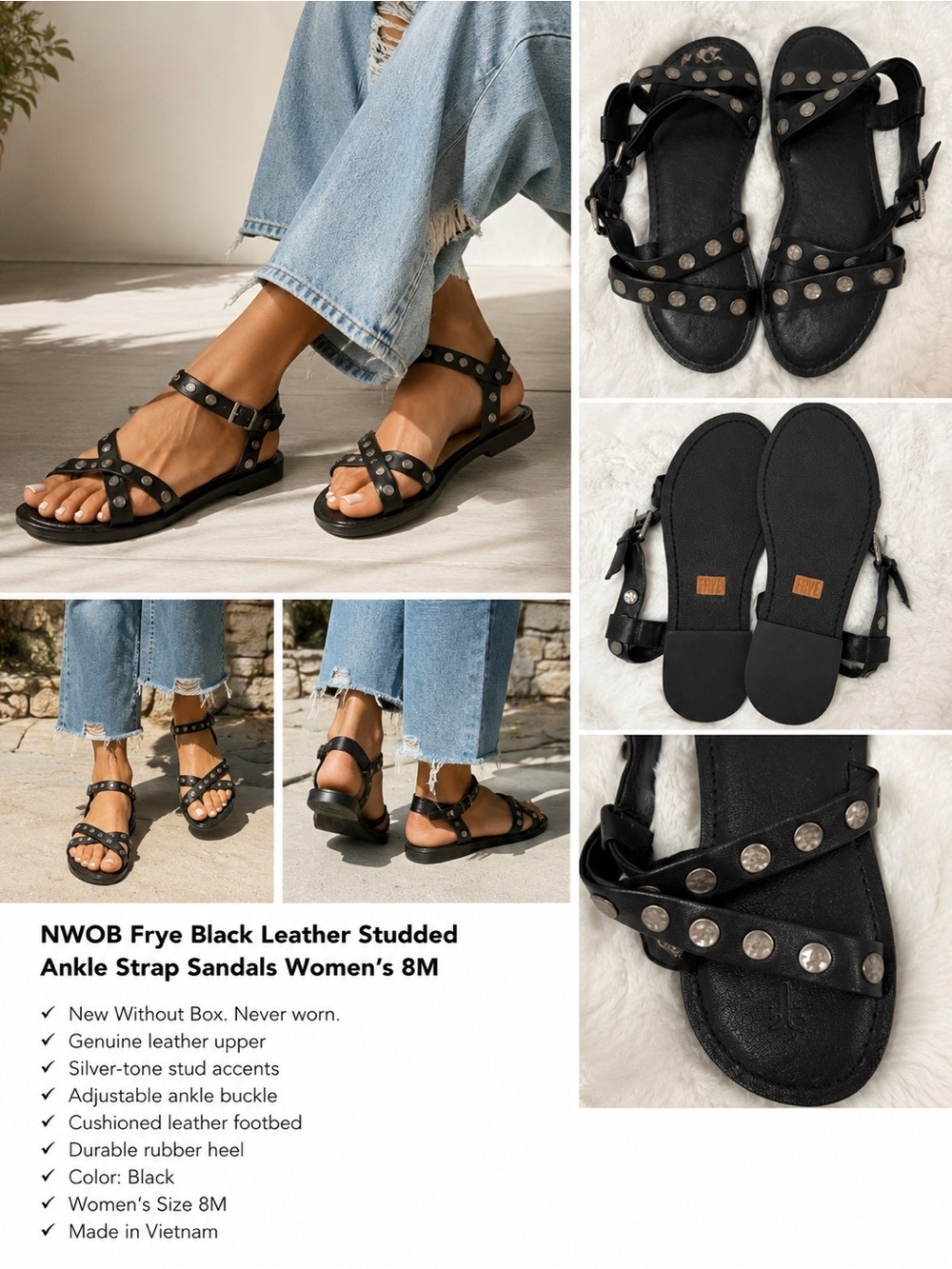 NWOB Frye Black Leather Studded Ankle Strap Sandals Women’s 8M